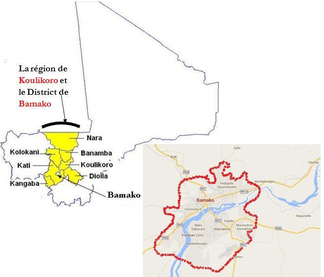 Carte de la région de Koulikoro et le district de Bamako (pour construire au Mali : Bamako et aux alentours)