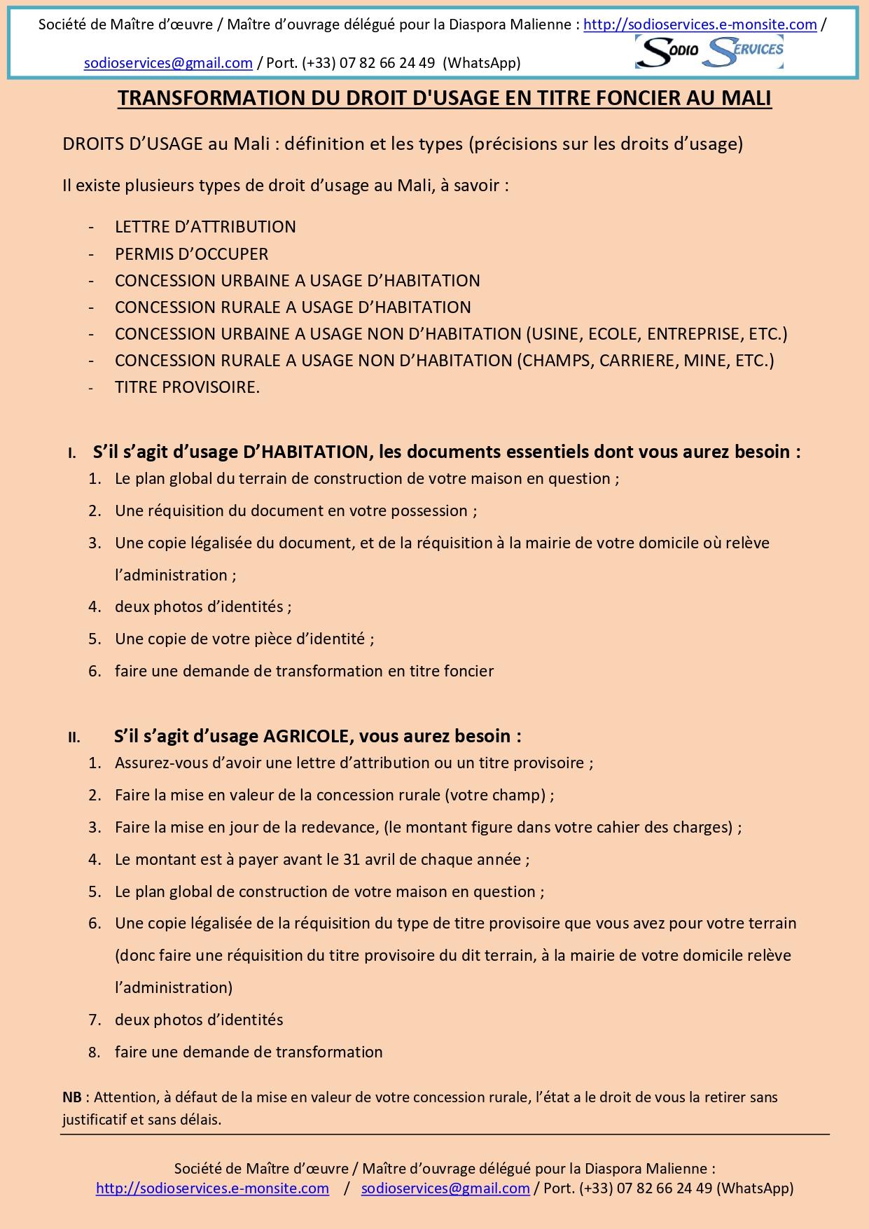 Transformation du droit d usage en titre foncier au mali v2